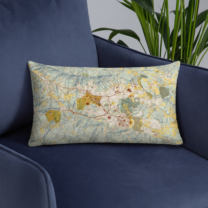 Custom Boone North Carolina Map Throw Pillow in Woodblock on Blue Colored Chair