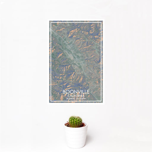 12x18 Boonville California Map Print Portrait Orientation in Afternoon Style With Small Cactus Plant in White Planter