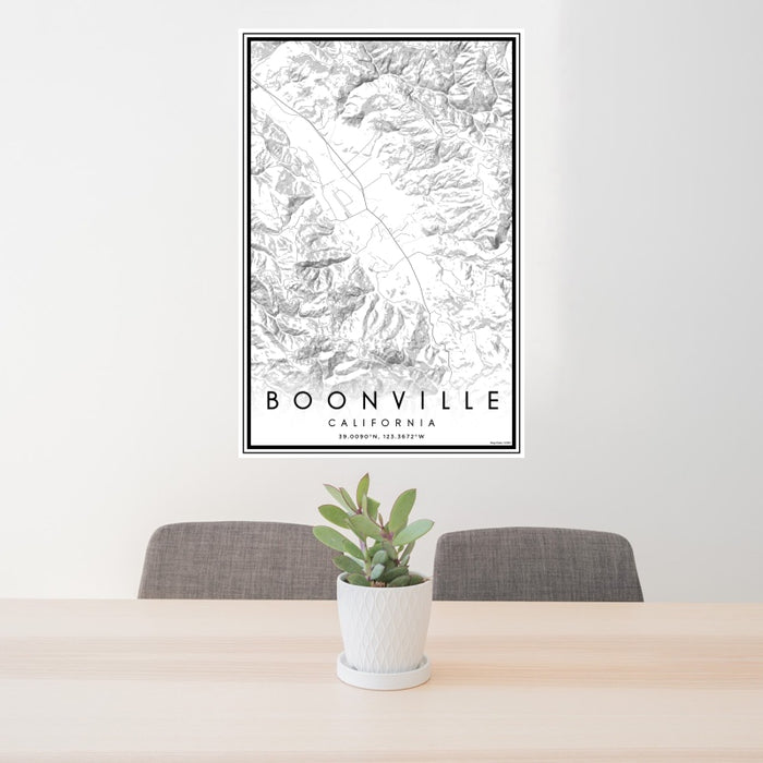 24x36 Boonville California Map Print Portrait Orientation in Classic Style Behind 2 Chairs Table and Potted Plant
