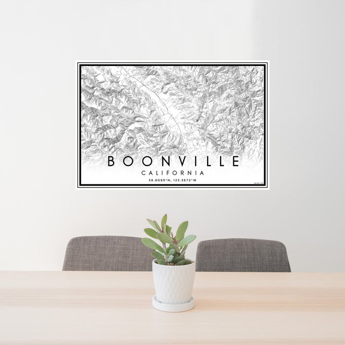 24x36 Boonville California Map Print Landscape Orientation in Classic Style Behind 2 Chairs Table and Potted Plant