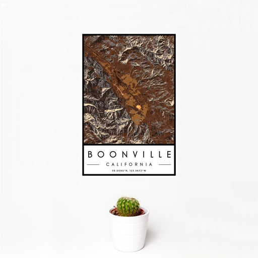 12x18 Boonville California Map Print Portrait Orientation in Ember Style With Small Cactus Plant in White Planter