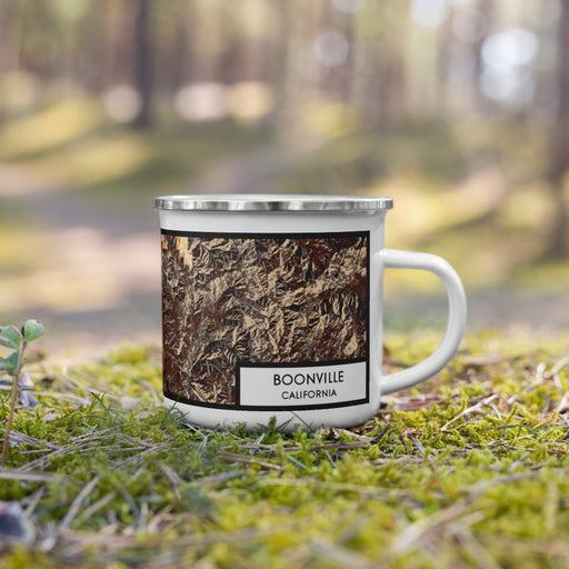 Right View Custom Boonville California Map Enamel Mug in Ember on Grass With Trees in Background