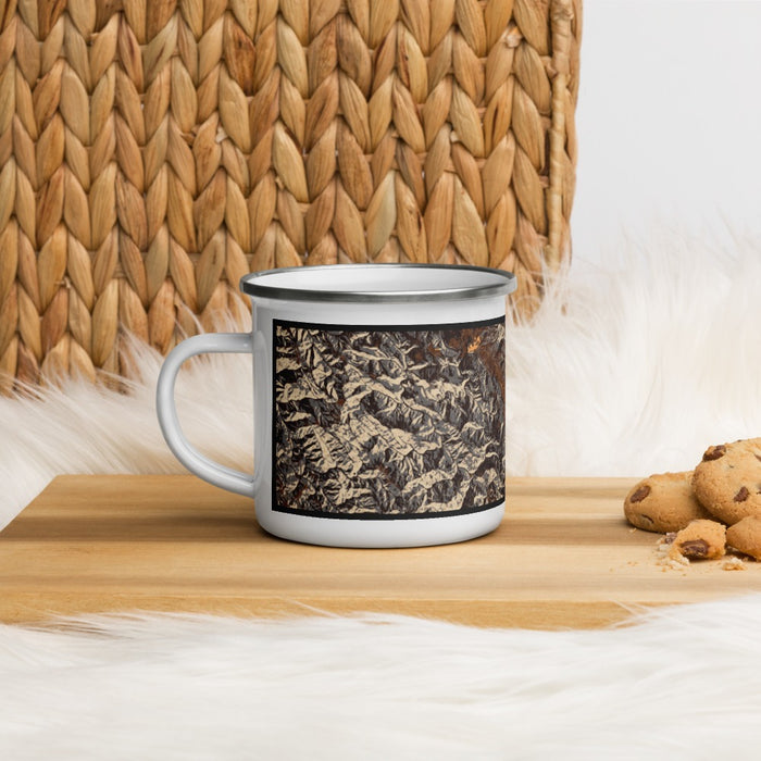 Left View Custom Boonville California Map Enamel Mug in Ember on Table Top