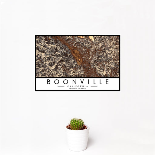12x18 Boonville California Map Print Landscape Orientation in Ember Style With Small Cactus Plant in White Planter