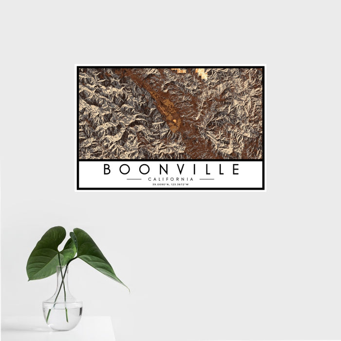 16x24 Boonville California Map Print Landscape Orientation in Ember Style With Tropical Plant Leaves in Water