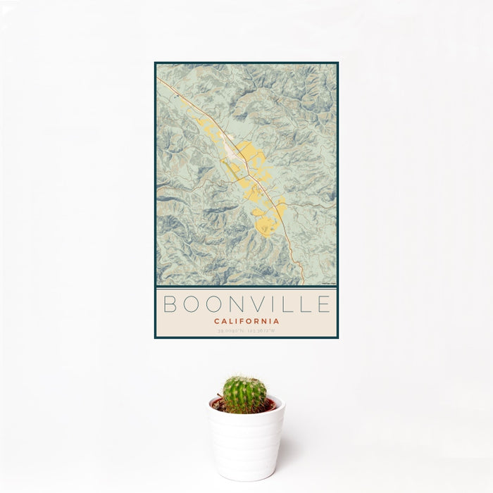 12x18 Boonville California Map Print Portrait Orientation in Woodblock Style With Small Cactus Plant in White Planter