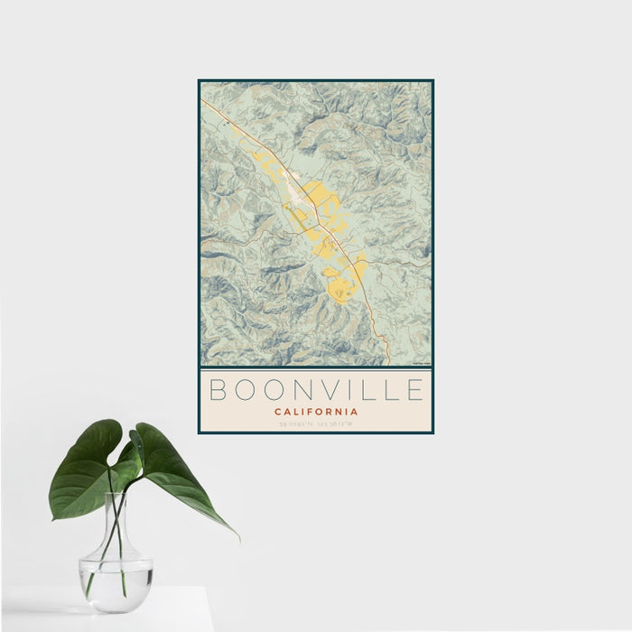 16x24 Boonville California Map Print Portrait Orientation in Woodblock Style With Tropical Plant Leaves in Water
