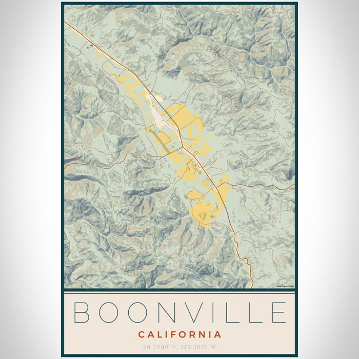 Boonville California Map Print Portrait Orientation in Woodblock Style With Shaded Background