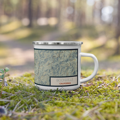 Right View Custom Boonville California Map Enamel Mug in Woodblock on Grass With Trees in Background