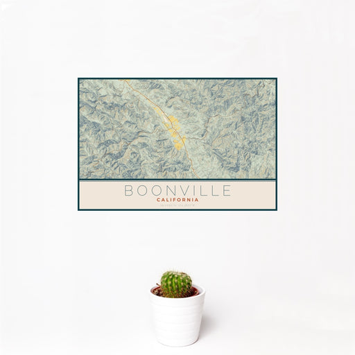 12x18 Boonville California Map Print Landscape Orientation in Woodblock Style With Small Cactus Plant in White Planter