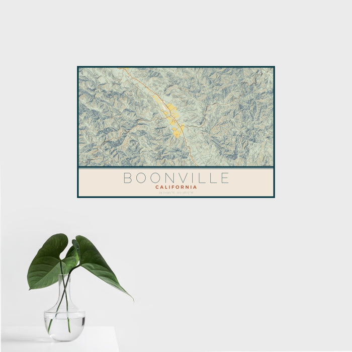 16x24 Boonville California Map Print Landscape Orientation in Woodblock Style With Tropical Plant Leaves in Water