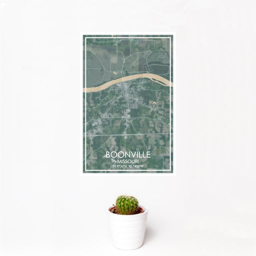 12x18 Boonville Missouri Map Print Portrait Orientation in Afternoon Style With Small Cactus Plant in White Planter