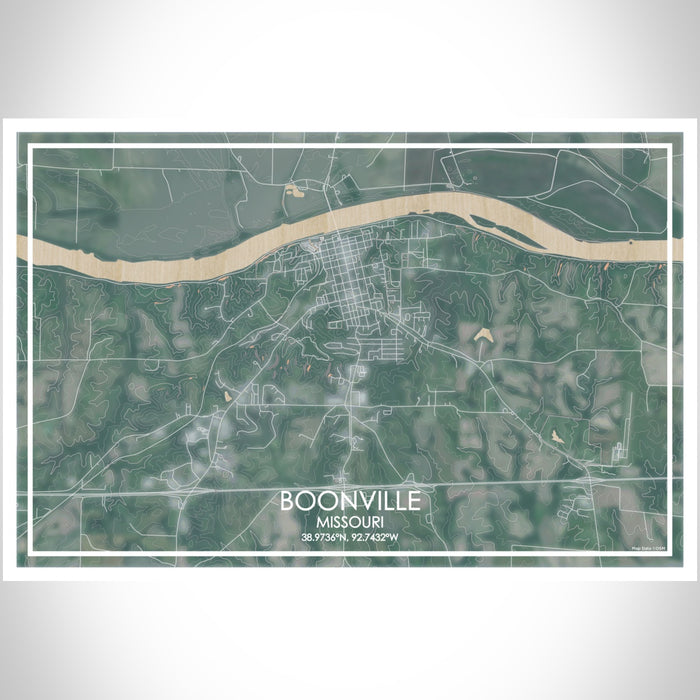 Boonville Missouri Map Print Landscape Orientation in Afternoon Style With Shaded Background