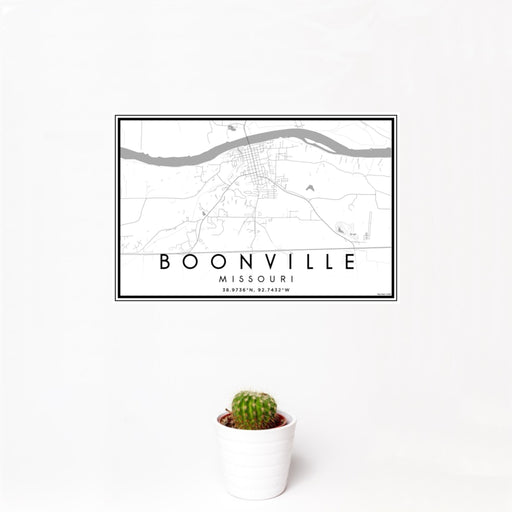 12x18 Boonville Missouri Map Print Landscape Orientation in Classic Style With Small Cactus Plant in White Planter