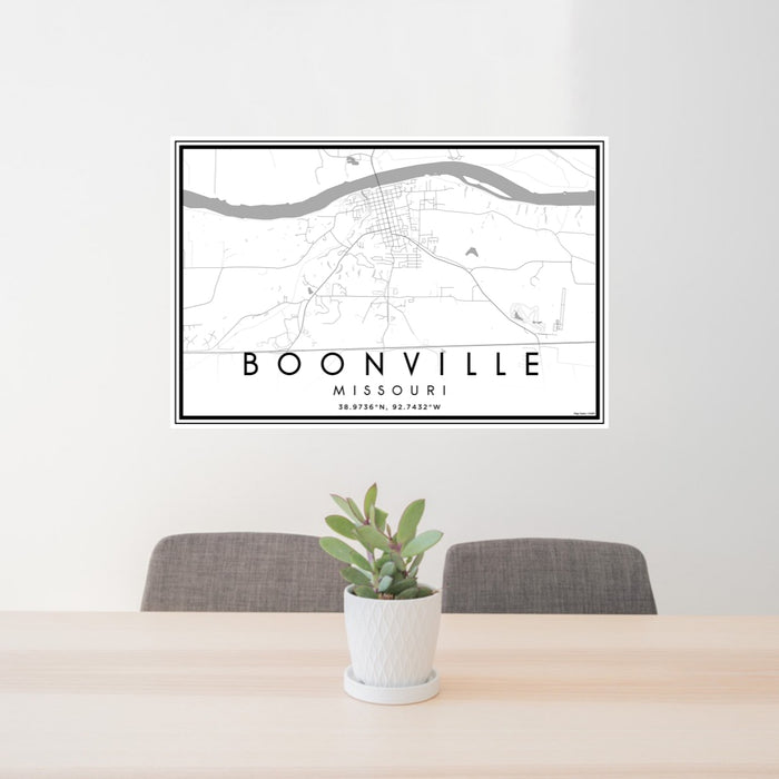 24x36 Boonville Missouri Map Print Landscape Orientation in Classic Style Behind 2 Chairs Table and Potted Plant