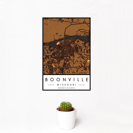 12x18 Boonville Missouri Map Print Portrait Orientation in Ember Style With Small Cactus Plant in White Planter