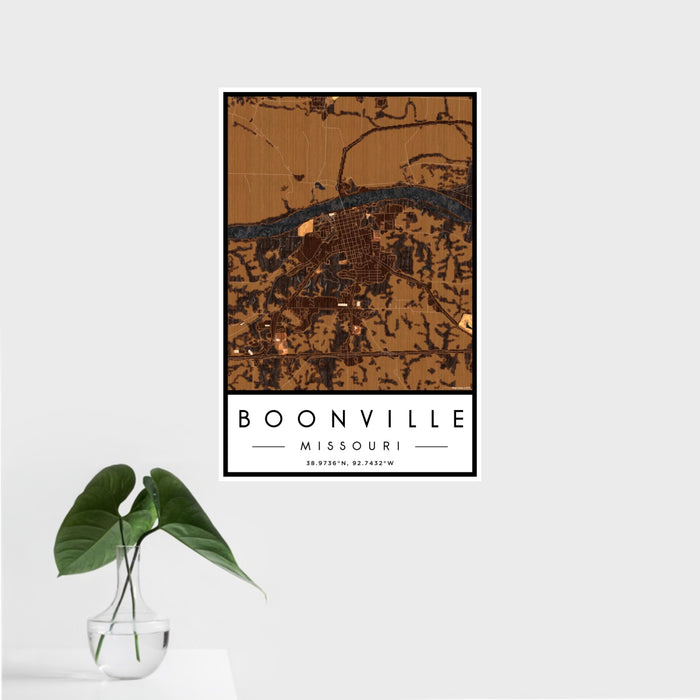 16x24 Boonville Missouri Map Print Portrait Orientation in Ember Style With Tropical Plant Leaves in Water