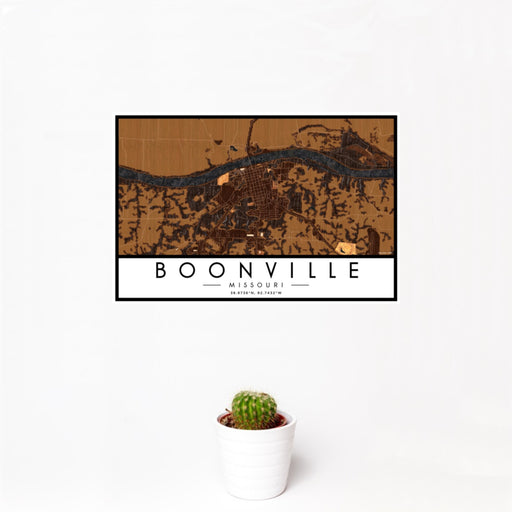 12x18 Boonville Missouri Map Print Landscape Orientation in Ember Style With Small Cactus Plant in White Planter