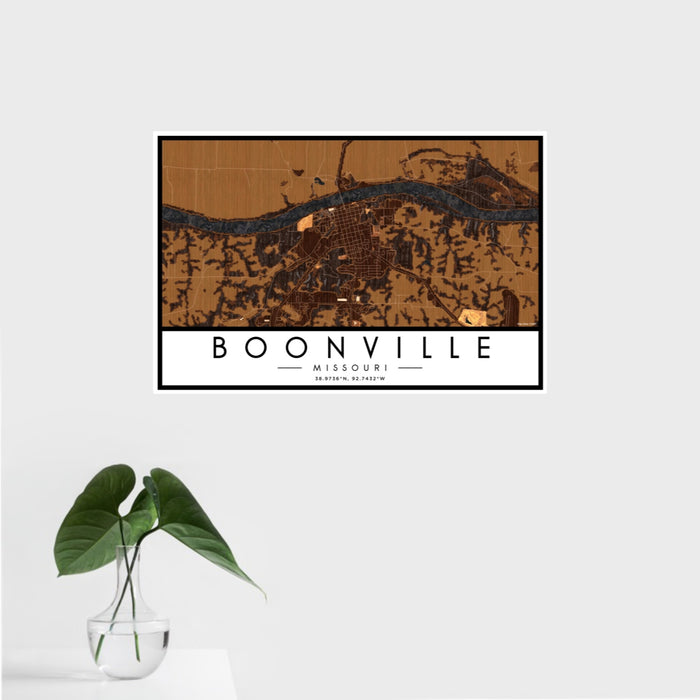 16x24 Boonville Missouri Map Print Landscape Orientation in Ember Style With Tropical Plant Leaves in Water
