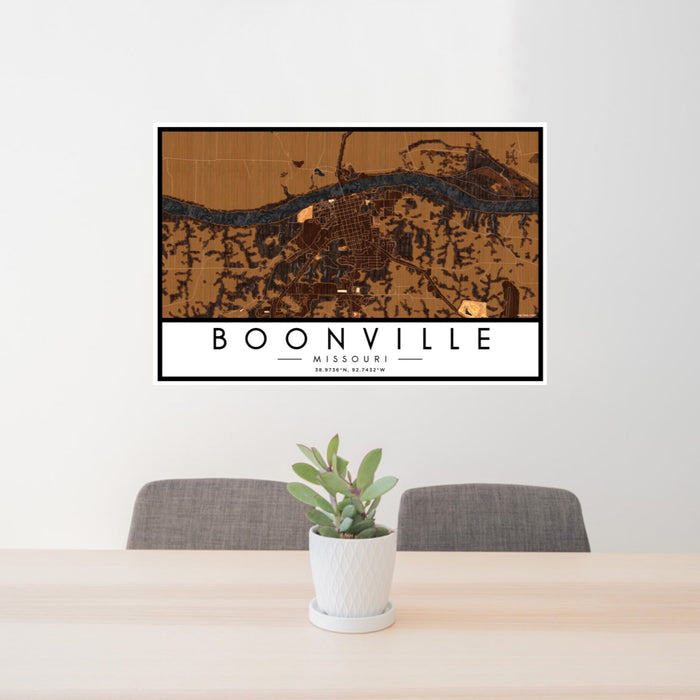 24x36 Boonville Missouri Map Print Landscape Orientation in Ember Style Behind 2 Chairs Table and Potted Plant
