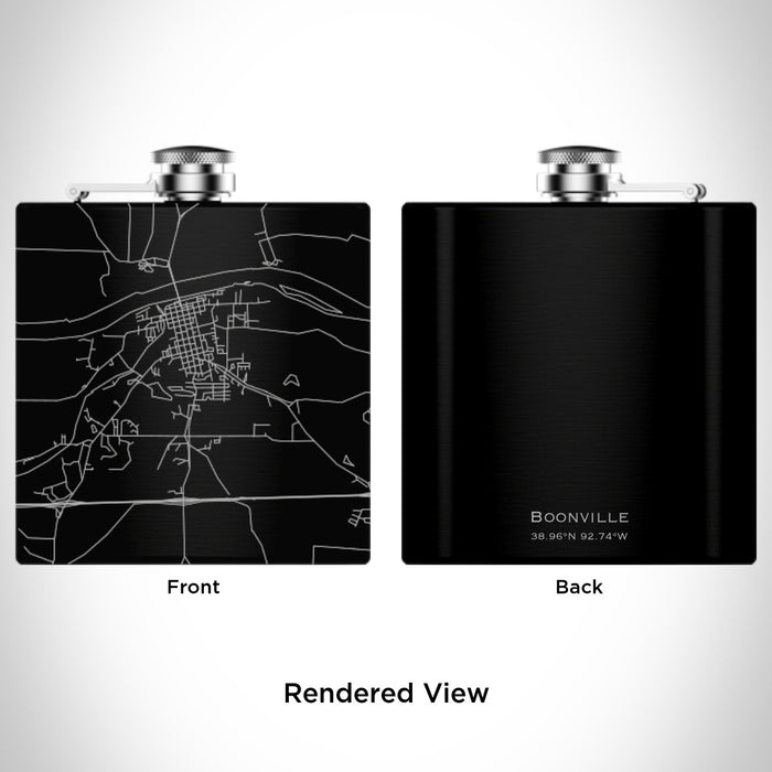 Rendered View of Boonville Missouri Map Engraving on 6oz Stainless Steel Flask in Black