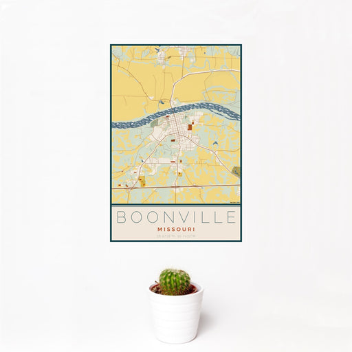 12x18 Boonville Missouri Map Print Portrait Orientation in Woodblock Style With Small Cactus Plant in White Planter