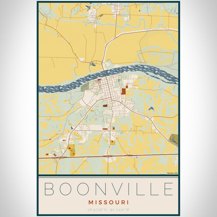 Boonville Missouri Map Print Portrait Orientation in Woodblock Style With Shaded Background