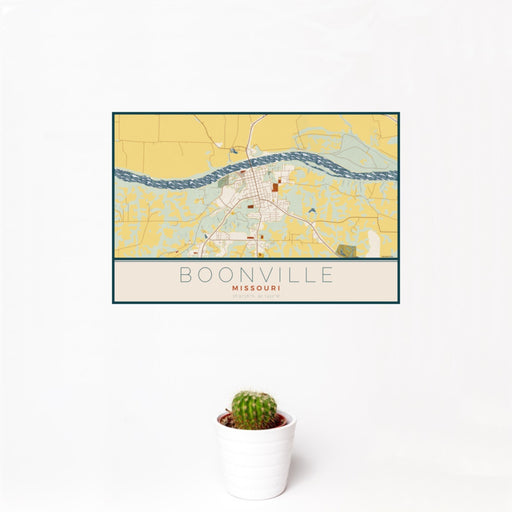 12x18 Boonville Missouri Map Print Landscape Orientation in Woodblock Style With Small Cactus Plant in White Planter
