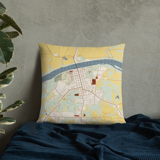 Custom Boonville Missouri Map Throw Pillow in Woodblock on Bedding Against Wall