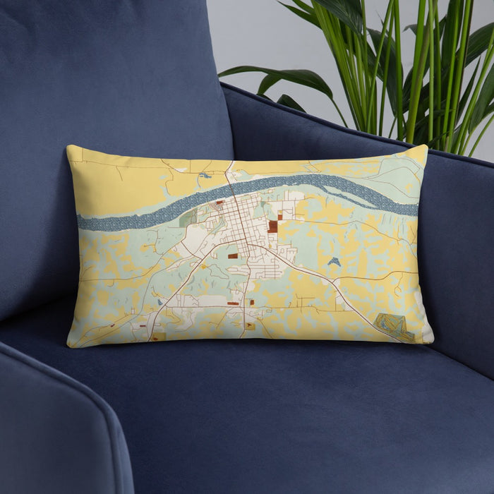 Custom Boonville Missouri Map Throw Pillow in Woodblock on Blue Colored Chair