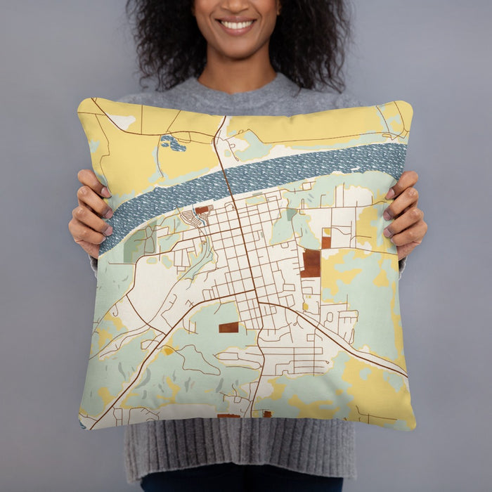 Person holding 18x18 Custom Boonville Missouri Map Throw Pillow in Woodblock