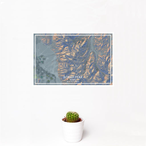 12x18 Borah Peak Idaho Map Print Landscape Orientation in Afternoon Style With Small Cactus Plant in White Planter