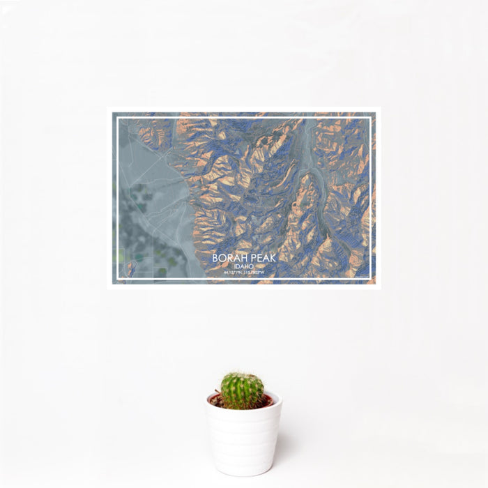 12x18 Borah Peak Idaho Map Print Landscape Orientation in Afternoon Style With Small Cactus Plant in White Planter