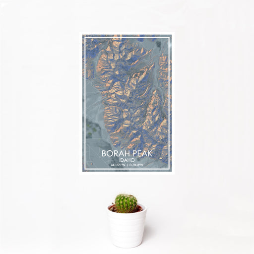 12x18 Borah Peak Idaho Map Print Portrait Orientation in Afternoon Style With Small Cactus Plant in White Planter