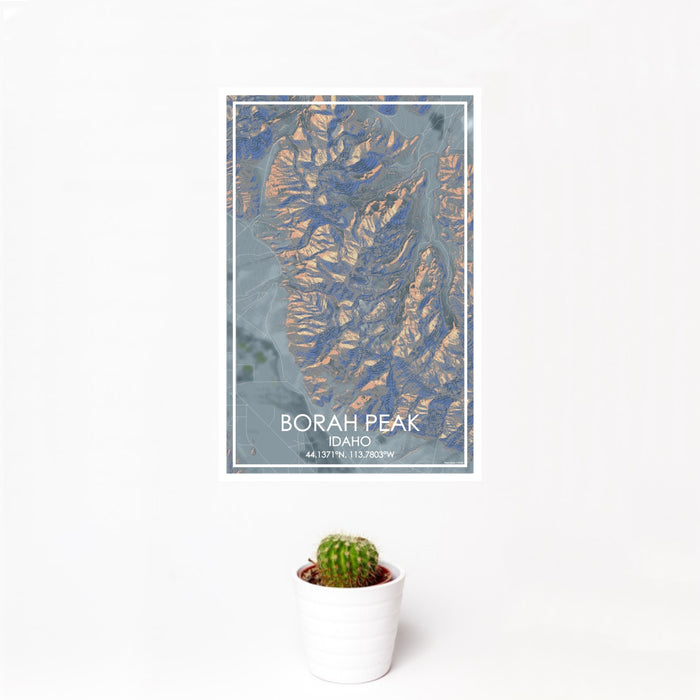 12x18 Borah Peak Idaho Map Print Portrait Orientation in Afternoon Style With Small Cactus Plant in White Planter
