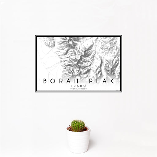 12x18 Borah Peak Idaho Map Print Landscape Orientation in Classic Style With Small Cactus Plant in White Planter