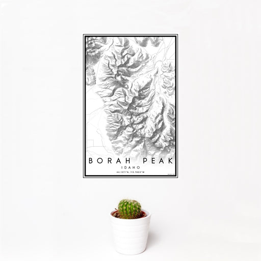 12x18 Borah Peak Idaho Map Print Portrait Orientation in Classic Style With Small Cactus Plant in White Planter