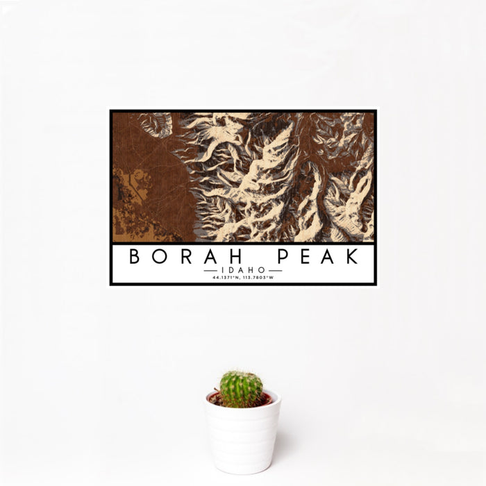 12x18 Borah Peak Idaho Map Print Landscape Orientation in Ember Style With Small Cactus Plant in White Planter