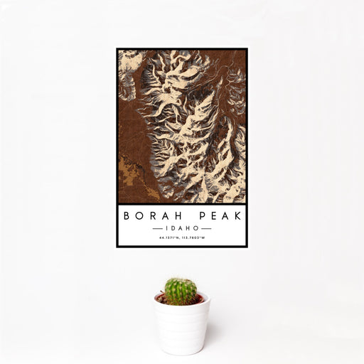 12x18 Borah Peak Idaho Map Print Portrait Orientation in Ember Style With Small Cactus Plant in White Planter