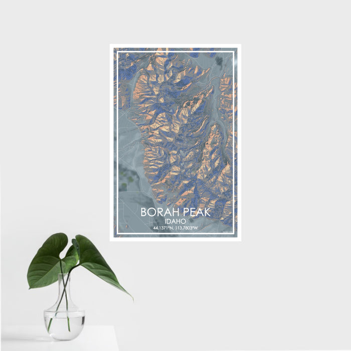 16x24 Borah Peak Idaho Map Print Portrait Orientation in Afternoon Style With Tropical Plant Leaves in Water