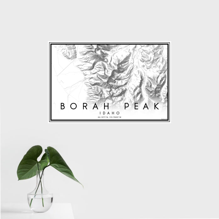 16x24 Borah Peak Idaho Map Print Landscape Orientation in Classic Style With Tropical Plant Leaves in Water