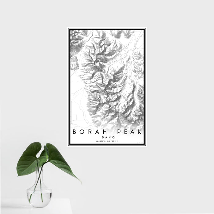 16x24 Borah Peak Idaho Map Print Portrait Orientation in Classic Style With Tropical Plant Leaves in Water