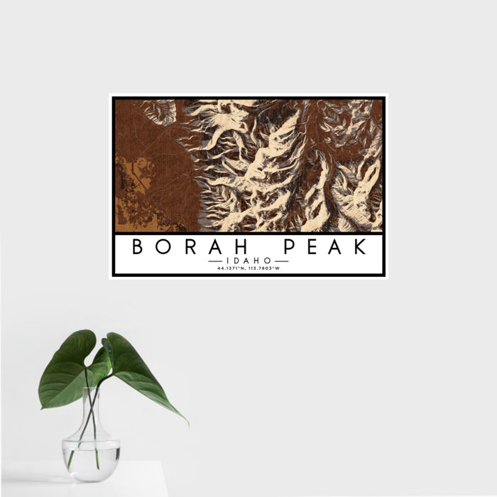 16x24 Borah Peak Idaho Map Print Landscape Orientation in Ember Style With Tropical Plant Leaves in Water