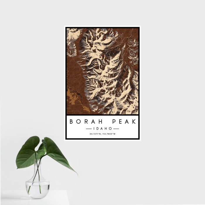 16x24 Borah Peak Idaho Map Print Portrait Orientation in Ember Style With Tropical Plant Leaves in Water