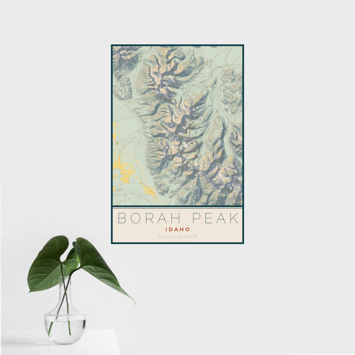 16x24 Borah Peak Idaho Map Print Portrait Orientation in Woodblock Style With Tropical Plant Leaves in Water