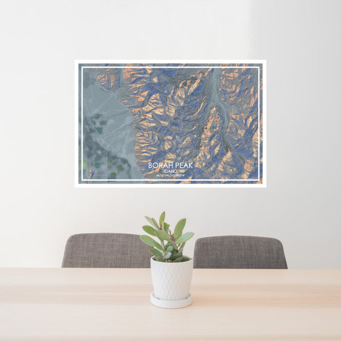 24x36 Borah Peak Idaho Map Print Lanscape Orientation in Afternoon Style Behind 2 Chairs Table and Potted Plant