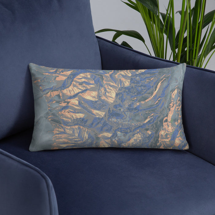 Custom Borah Peak Idaho Map Throw Pillow in Afternoon on Blue Colored Chair