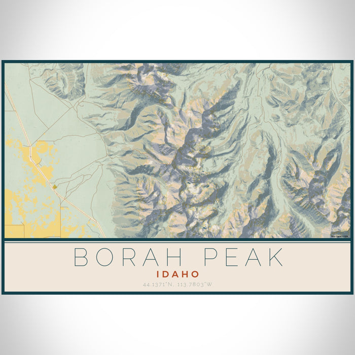 Borah Peak Idaho Map Print Landscape Orientation in Woodblock Style With Shaded Background