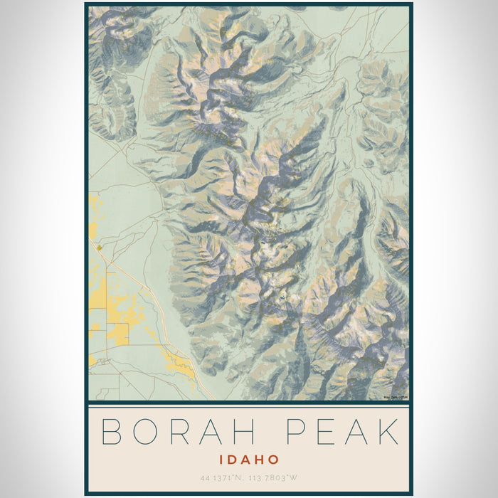 Borah Peak Idaho Map Print Portrait Orientation in Woodblock Style With Shaded Background
