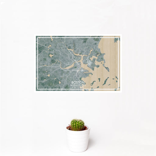 12x18 Boston Massachusetts Map Print Landscape Orientation in Afternoon Style With Small Cactus Plant in White Planter